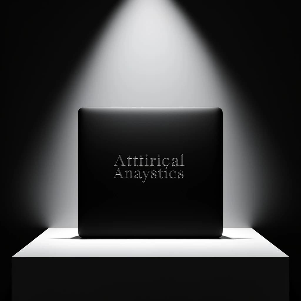A premium matte black laptop-sized box rests on a pure white pedestal within a gallery space. Overhead, a single spotlight carves sharp contrast, leaving the edges in deep shadow. The brand name Artificial Analysis is embossed in silver foil, glinting faintly as though it were jewelry.