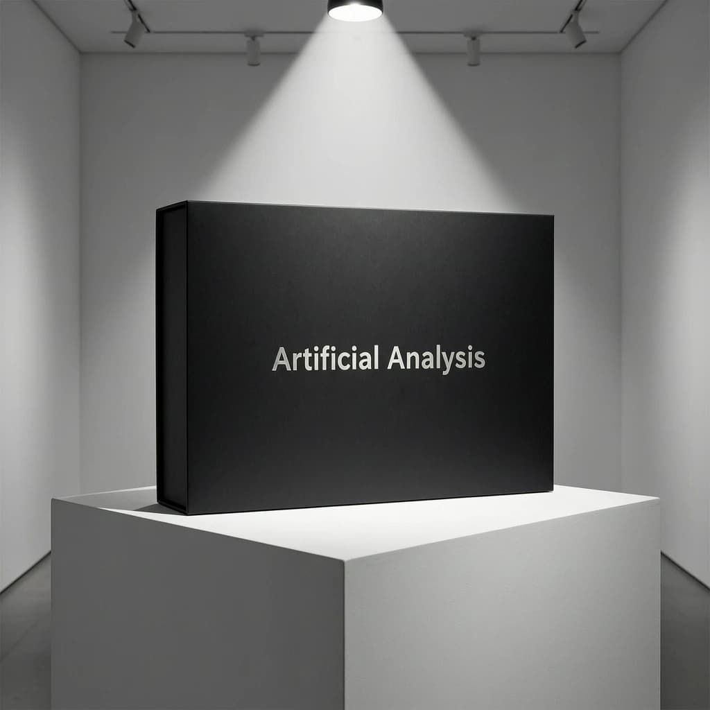 A premium matte black laptop-sized box rests on a pure white pedestal within a gallery space. Overhead, a single spotlight carves sharp contrast, leaving the edges in deep shadow. The brand name Artificial Analysis is embossed in silver foil, glinting faintly as though it were jewelry.