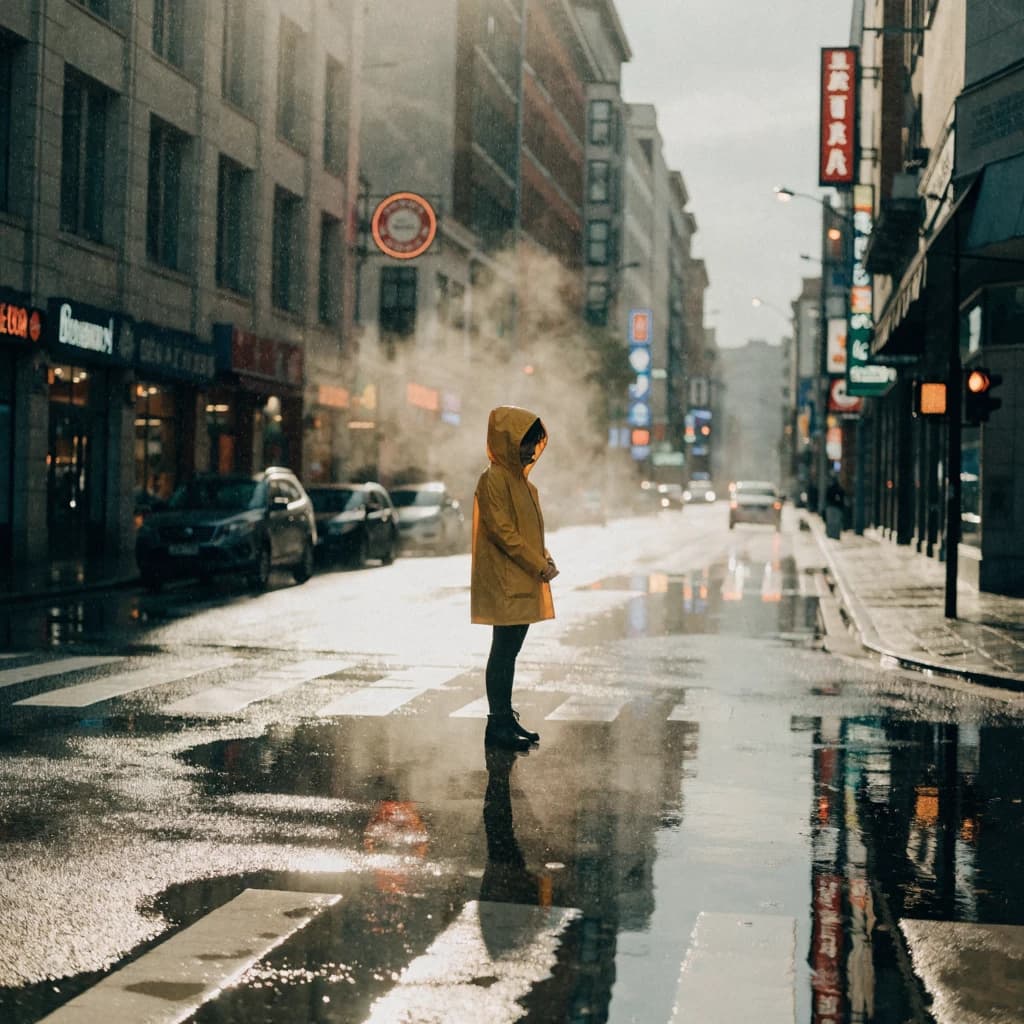 A sunlit city street after rain; puddles mirror neon signs as a woman in a yellow raincoat waits at a crosswalk, soft mist, 50mm look, natural tones, a bit of film grain.
