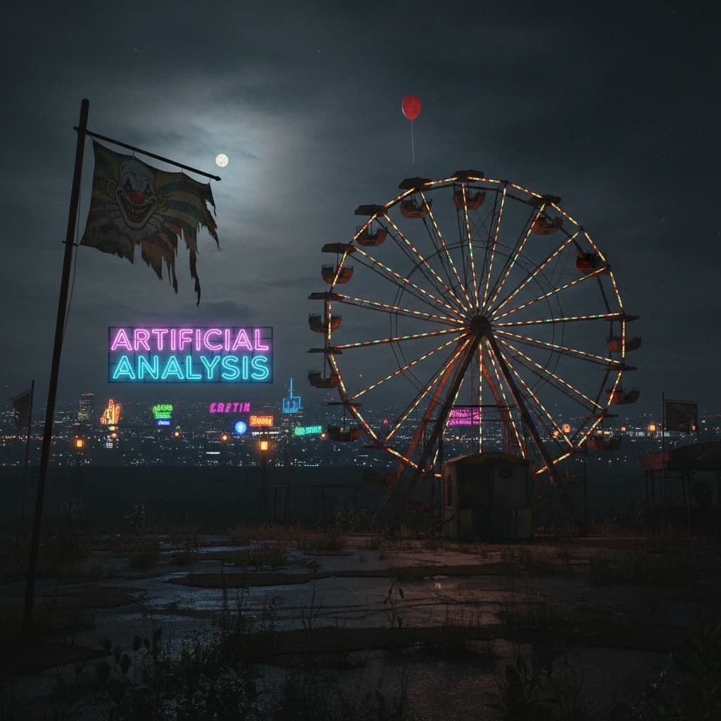 A deserted amusement park glows faintly under a half-moon. The ferris wheel is rusting yet strung with fresh, blinking LED lights. A torn clown banner flaps in a windless air. A lone balloon floats upward, tethered to nothing, while in the far distance city lights flicker on - some neon, some gas lamps as though from another century. 'Artificial Analysis' glows in neon