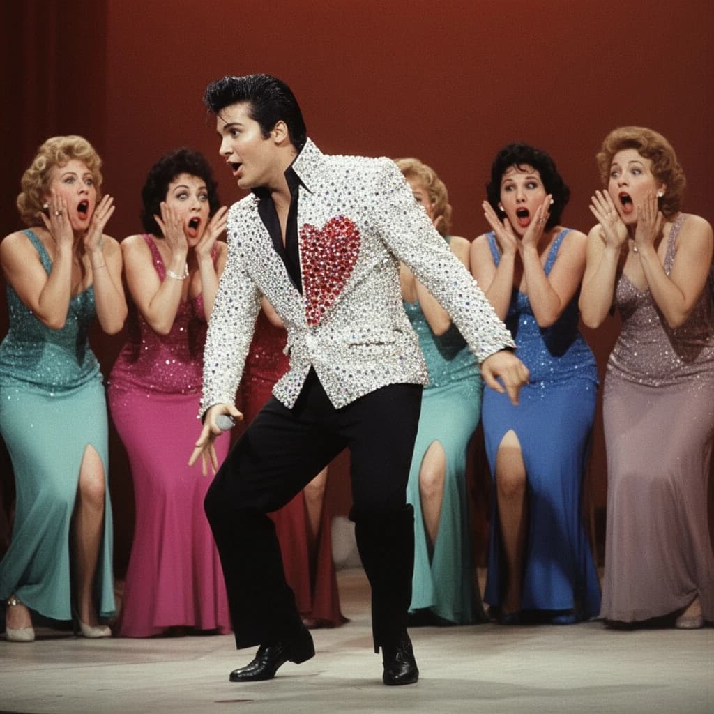 An archival image from 1953 of the rock singer swinging his hips on the stage while glamorous back up singers feign shock at his gyrations! He wears a diamond encrusted jacket with the stones arranged in the shape of a heart