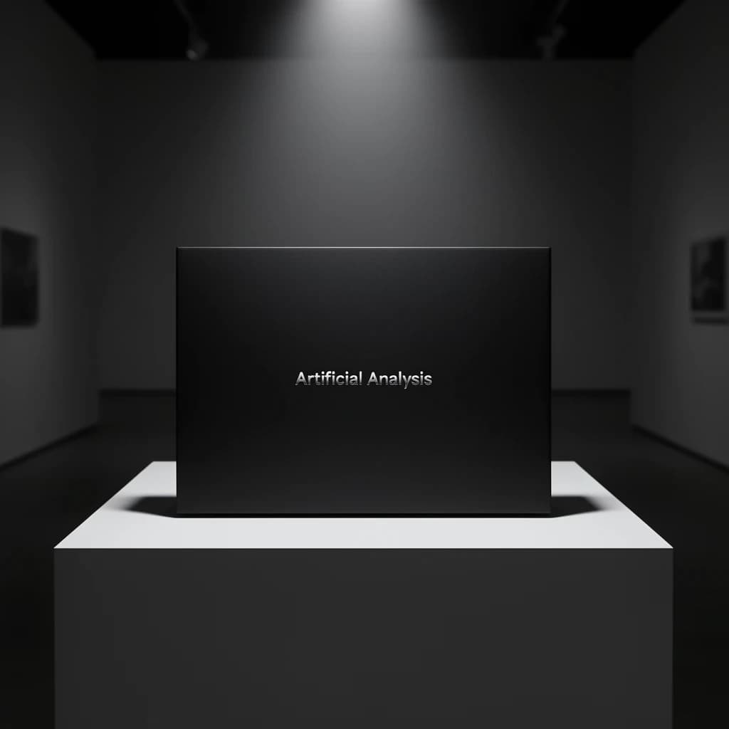 A premium matte black laptop-sized box rests on a pure white pedestal within a gallery space. Overhead, a single spotlight carves sharp contrast, leaving the edges in deep shadow. The brand name Artificial Analysis is embossed in silver foil, glinting faintly as though it were jewelry.