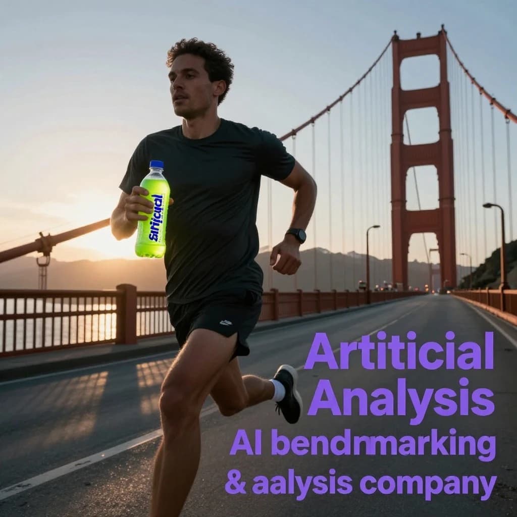 A runner dashes across the Golden Gate Bridge at dawn, sunlight streaming between cables. In their hand, they carry a neon-green sports drink with the brand name Artificial Analysis splashed boldly across the bottle. Motion blur emphasizes speed, while crisp purple sans serif typography overlays the bottom right of the scene with the tagline: Artificial Analysis is an independent AI benchmarking & analysis company