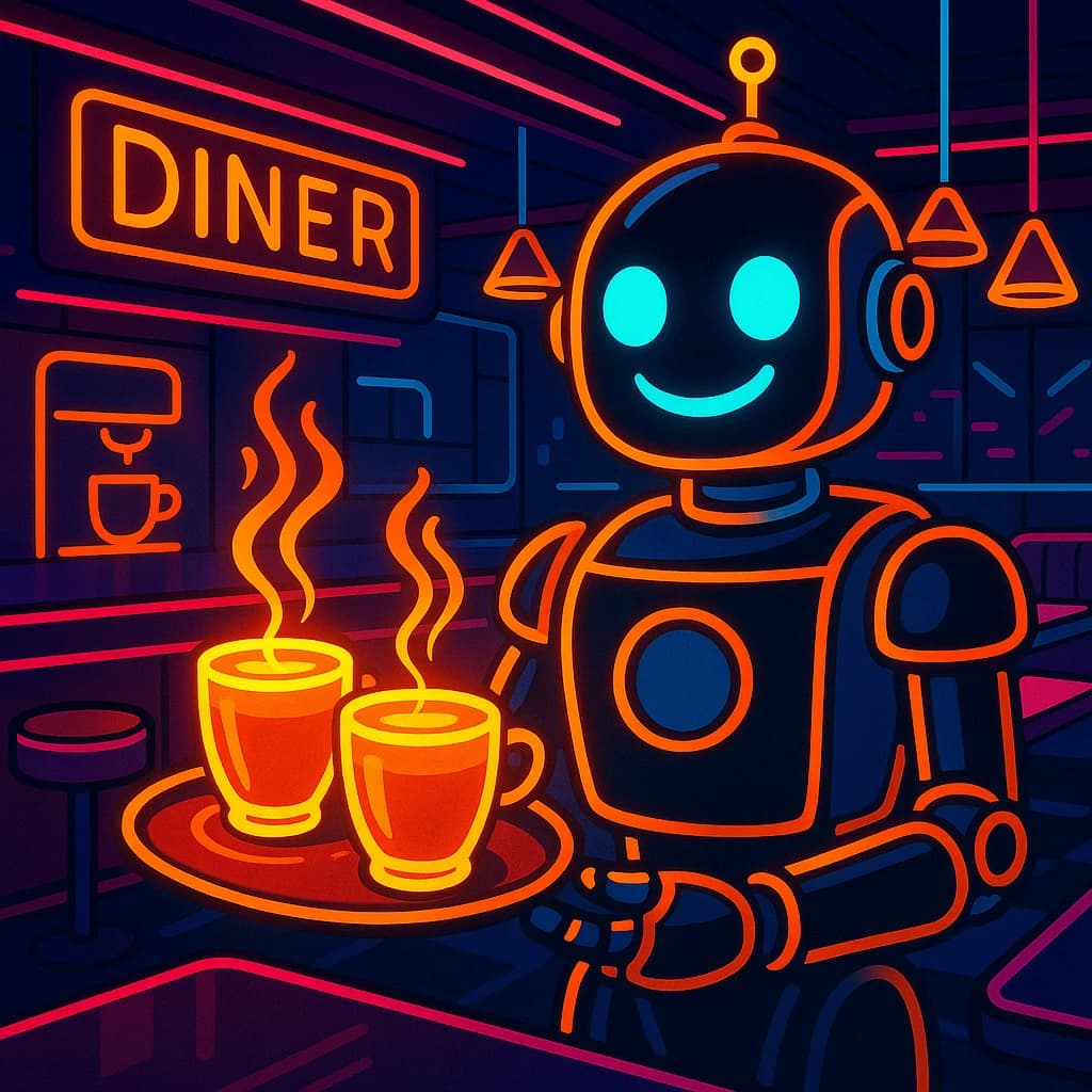 A smiling robot barista serves glowing lattes in a neon diner with bold lines.