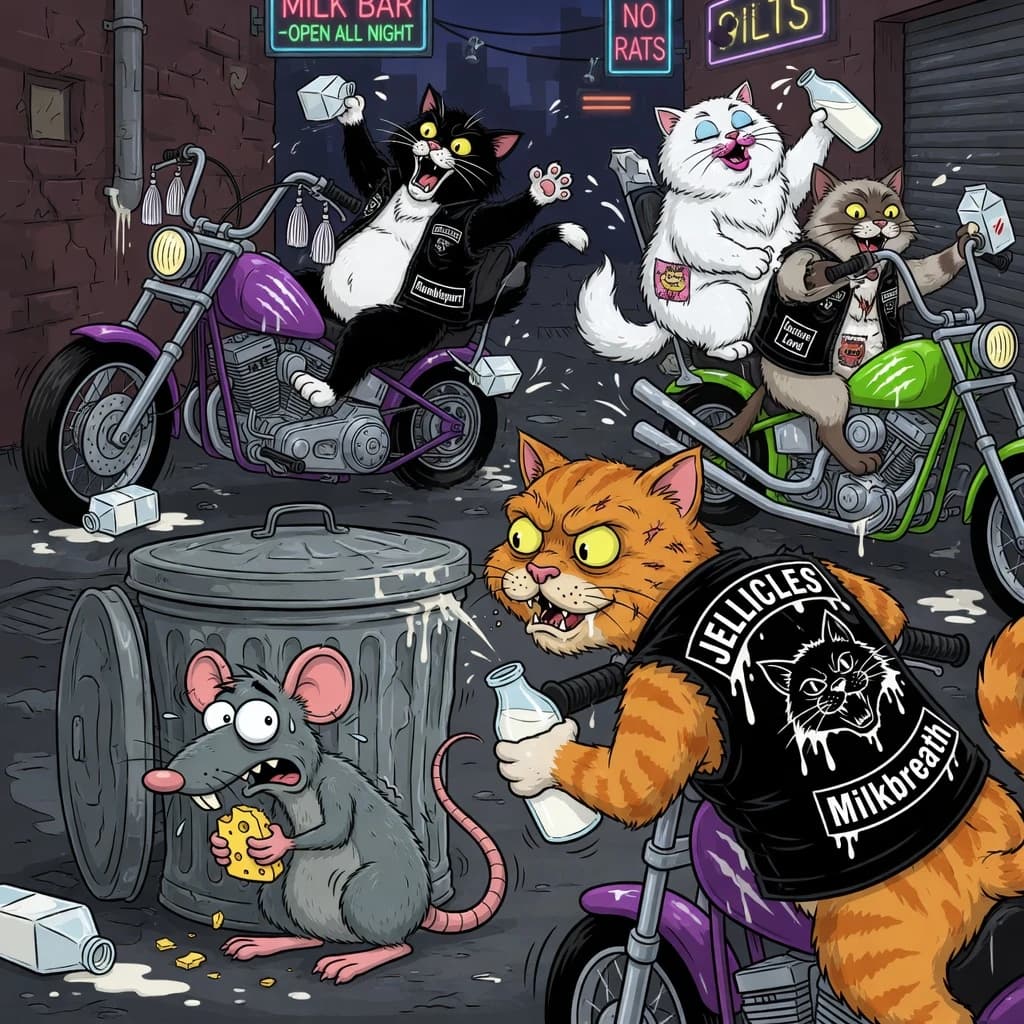 The cartoon rat clenches his thin wedge of cheese and trembles in fear as he hides from the menacing Jellicles, the roaming cat motorcycle gang, all wearing their colors with the name on the back. The cats have all drunk far too much milk and are causing a big ruckus! One cat is close to finding the rat