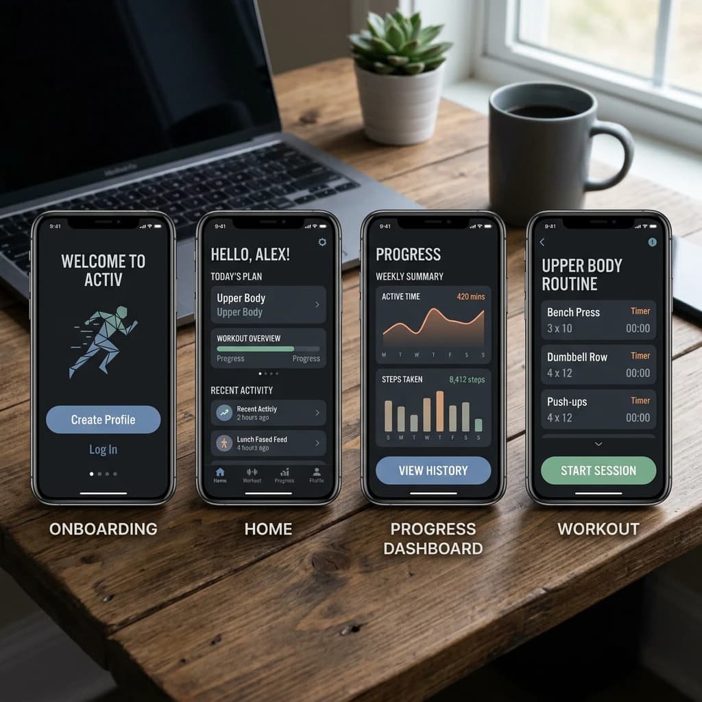 Sleek mobile fitness app screens on a desk: dark mode home, progress dashboard, simple onboarding, clear 8 pt grid, slightly oversized buttons for thumb reach, muted colors.