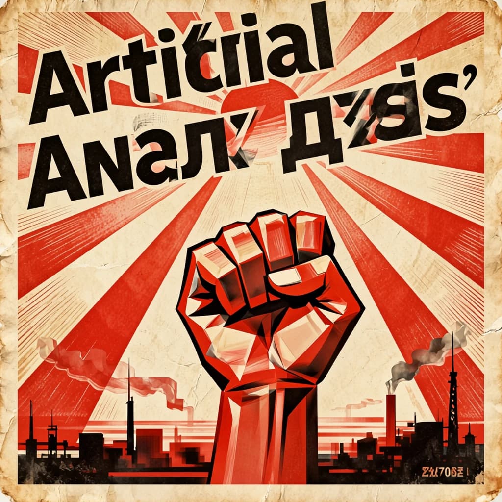 A propaganda poster in stark red, black, and beige. A clenched fist rises in the foreground, rendered with sharp geometric blocks. Behind it, radiating lines stretch upward toward a stylized sun. At the top, bold sans-serif lettering in Cyrillic-inspired type spells out Artificial Analysis, tilted at an angle for emphasis. A factory skyline silhouettes the bottom edge, smoke stacks rising into the background. The texture is rough, printed on aged paper with visible creases and ink bleed. Designed in the constructivist Soviet poster style.
