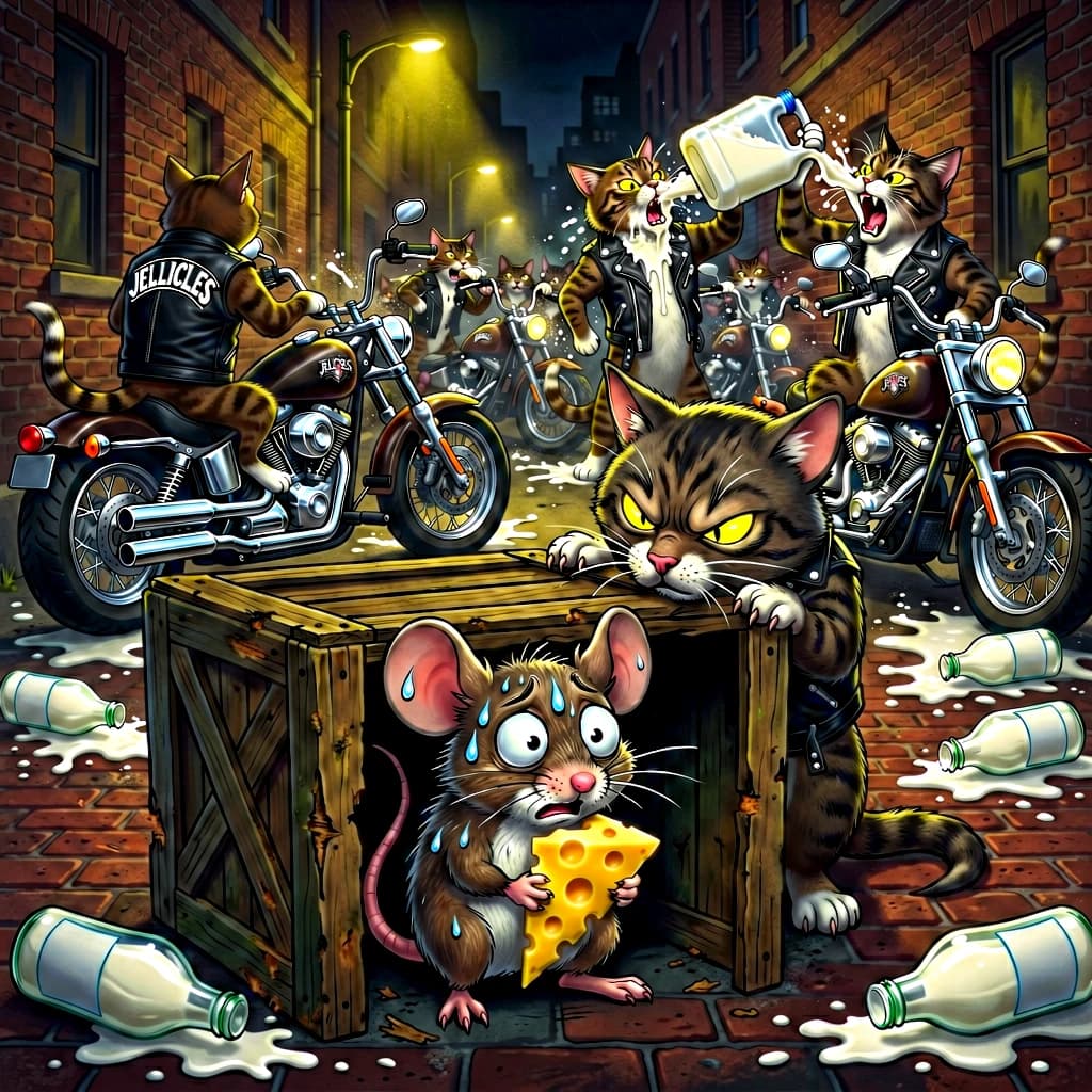 The cartoon rat clenches his thin wedge of cheese and trembles in fear as he hides from the menacing Jellicles, the roaming cat motorcycle gang, all wearing their colors with the name on the back. The cats have all drunk far too much milk and are causing a big ruckus! One cat is close to finding the rat