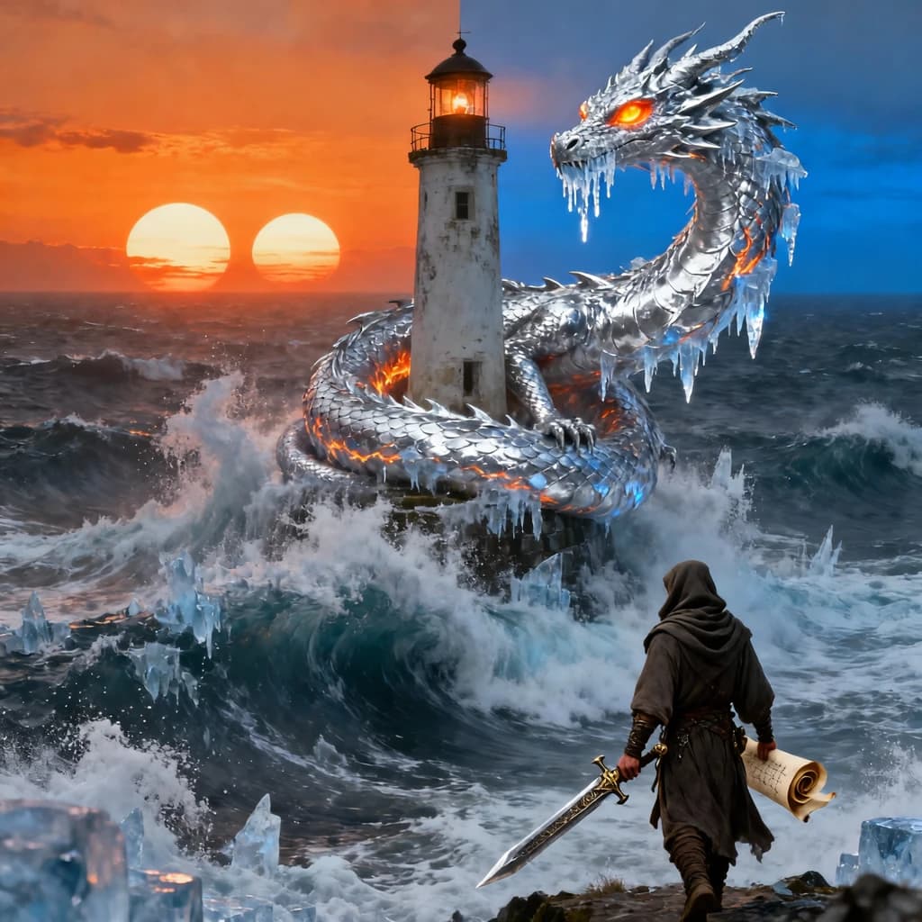 A dragon of molten silver coils around a lighthouse. The storming sea below crashes upward in frozen stillness, as though caught mid-motion. The dragon’s molten eyes drip tears of ice. On the horizon, two suns set next to each other, casting orange light on one side of the tower and blue on the other. A cloaked traveler carries an ancient weapon in his left hand and a scroll in his right.