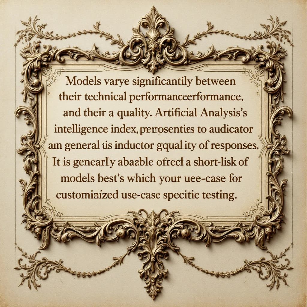 On a flat layout, write in an ornate baroque style "Models vary significantly between their technical performance, features and their quality. Artificial Analysis's intelligence index represents a generalist perspective and is useful as an indicator of the quality of responses. It is generally advisable to develop a short-list of models which best suit your use-case for customized use-case specific testing. "