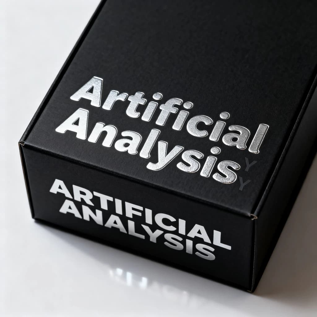 On the black box, silver foil embossing, centered: "Artificial Analysis" in Comic Sans Small Caps, perfectly justified. The letters are crisp, but the “Y” is duplicated faintly, ghosting right. On the box’s reflection, the word order is inverted: ARTIFICIAL ANALYSIS.