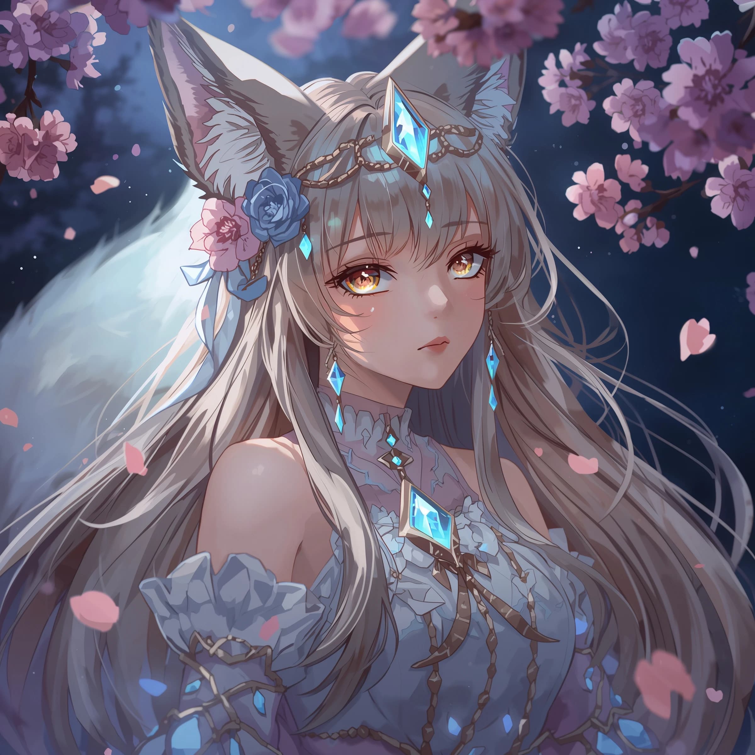 Cel-shaded fox spirit girl, glowing shrine at dusk, soft bloom, sparkly eyes.