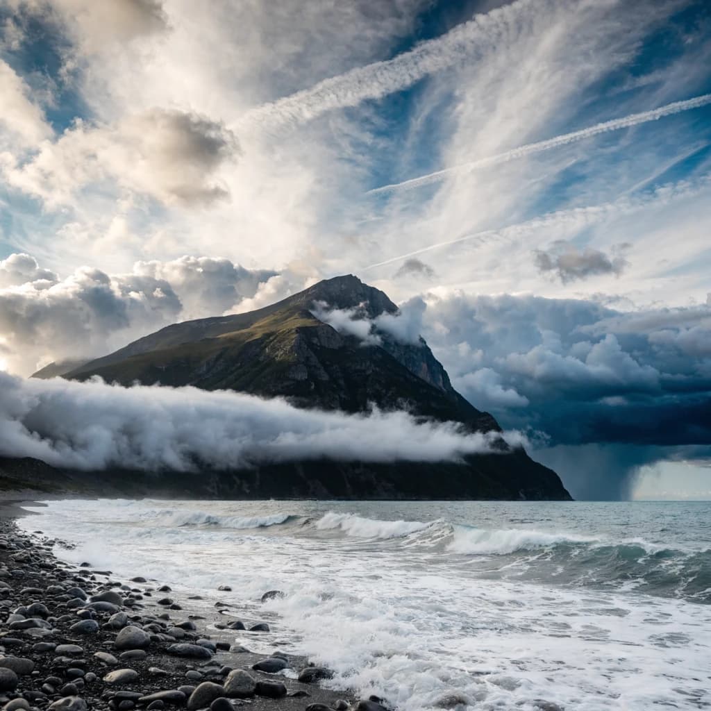 A stunning mountain vista pokes through the cloud top. Contrails from a distant airplane linger in the air. In the foreground there is a stony beach with foamy seas. A thunder storm is visibile in the distant right.