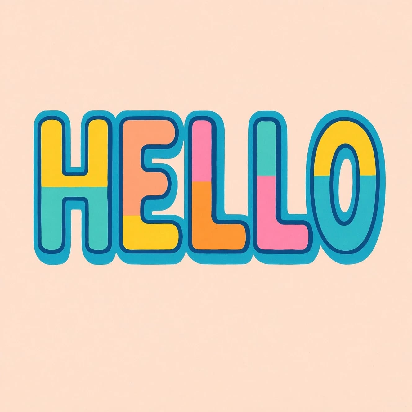 Make a bold bubble-letter poster that says HELLO, pastel palette, thick outline.