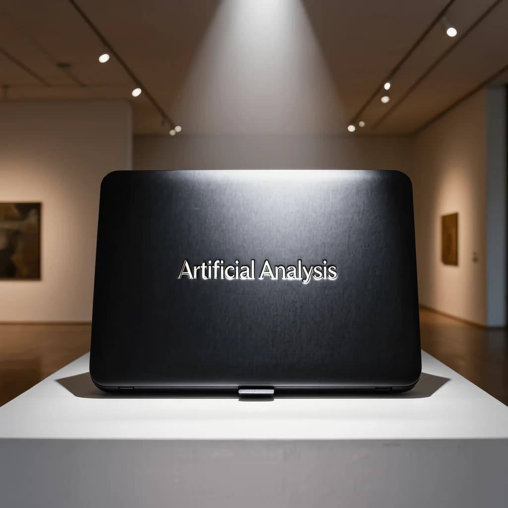 A premium matte black laptop-sized box rests on a pure white pedestal within a gallery space. Overhead, a single spotlight carves sharp contrast, leaving the edges in deep shadow. The brand name Artificial Analysis is embossed in silver foil, glinting faintly as though it were jewelry.