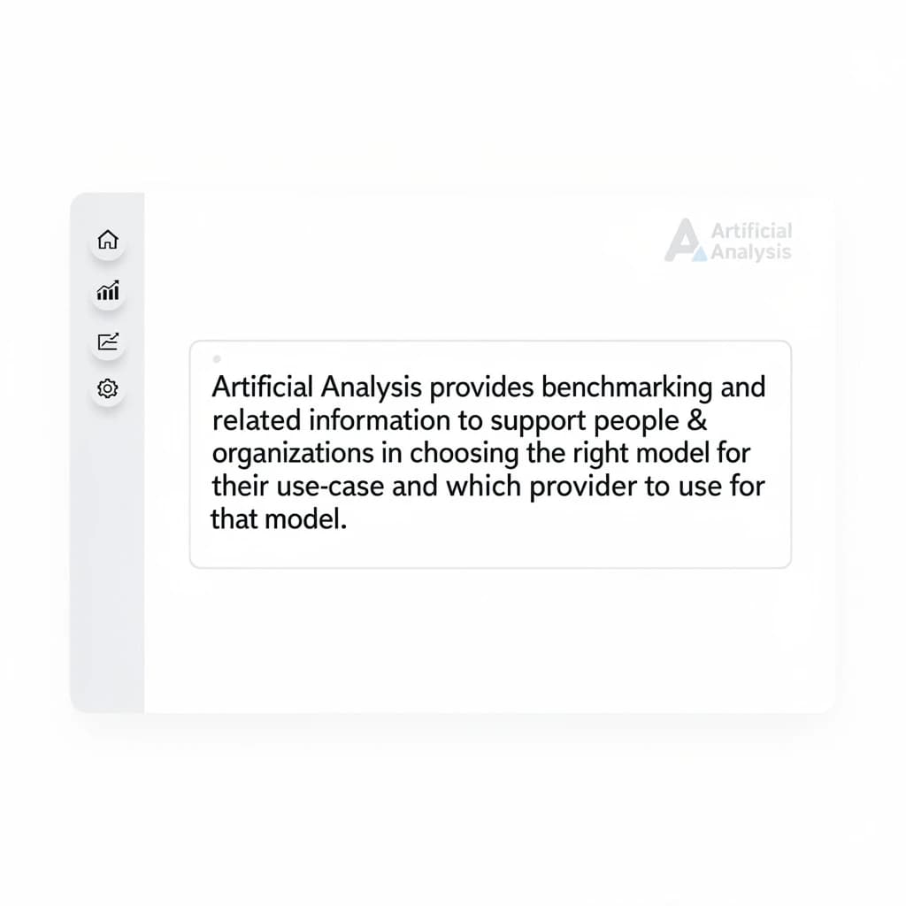On a high-resolution dashboard mockup with a clean white background, display a centered text module in Helvetica Neue Regular, 18pt, black: “Artificial Analysis provides benchmarking and related information to support people & organizations in choosing the right model for their use-case and which provider to use for that model.” The text box is justified, but the final word wraps awkwardly onto its own line. To the left, a vertical navigation bar in light gray with three icons - home, chart, and settings - aligned evenly but casting misaligned shadows. In the upper right, the Artificial Analysis logo appears faintly, semi-transparent, watermarked over the corner of the interface.