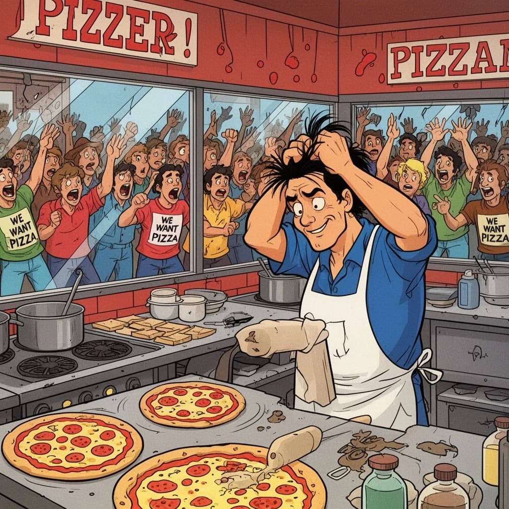 Pasquale is pulling his few remaining hairs out over a disaster at the pizzeria - the cooks are working as fast as they can but the crowds outside are swelling and they demand hot hot pizza! They are banging on the glass and some are wearing "we want pizza" shirts. 1980s western TV animation style.