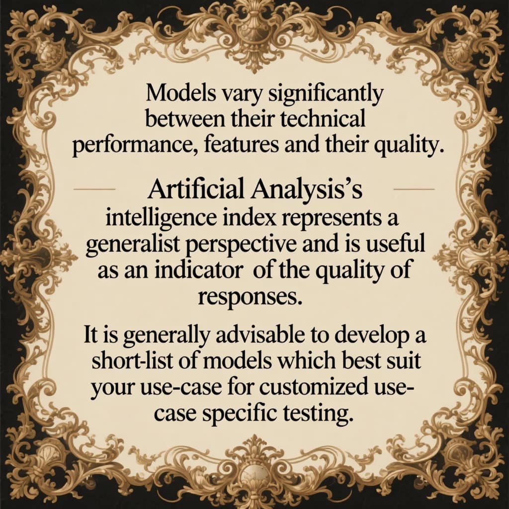 On a flat layout, write in an ornate baroque style "Models vary significantly between their technical performance, features and their quality. Artificial Analysis's intelligence index represents a generalist perspective and is useful as an indicator of the quality of responses. It is generally advisable to develop a short-list of models which best suit your use-case for customized use-case specific testing. "
