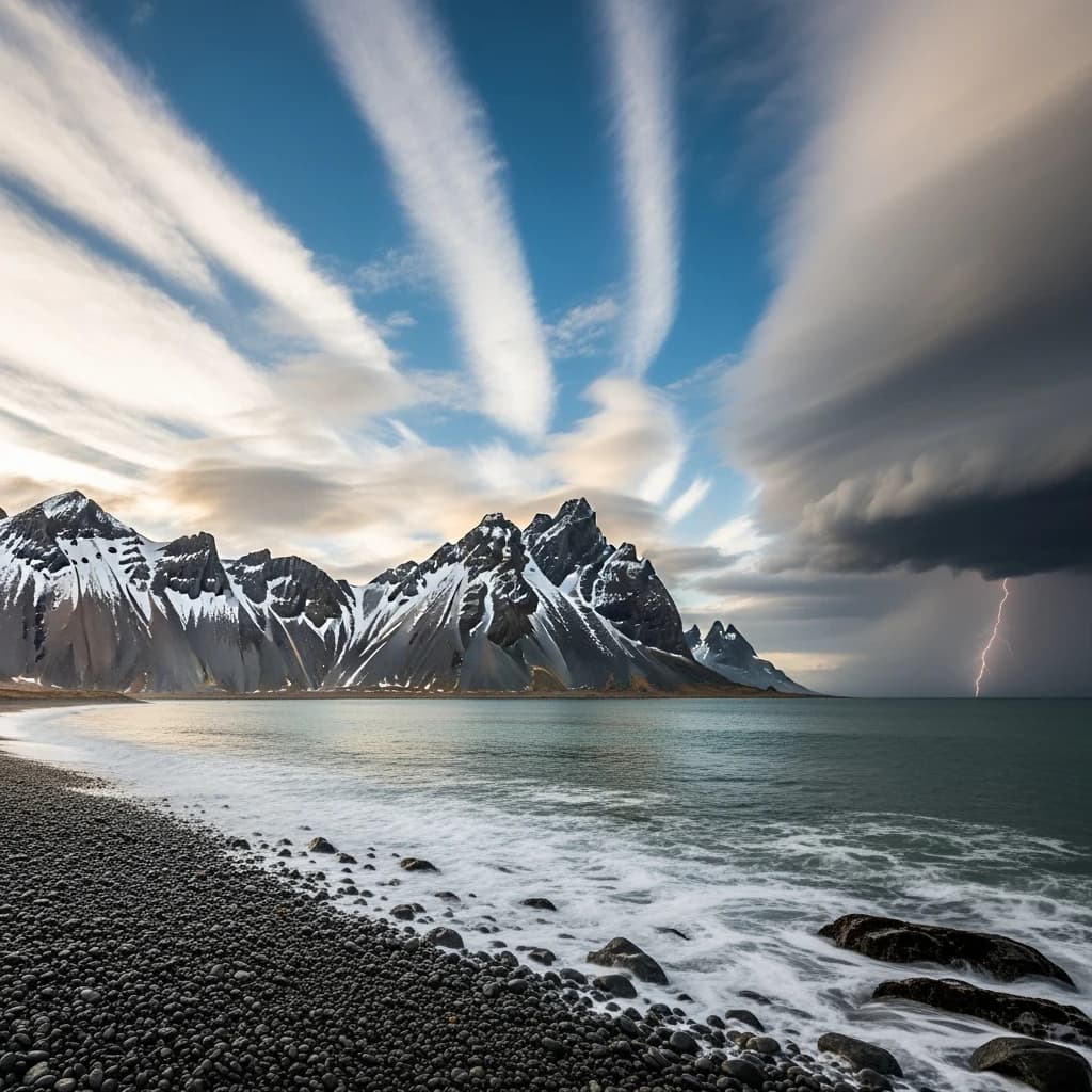 A stunning mountain vista pokes through the cloud top. Contrails from a distant airplane linger in the air. In the foreground there is a stony beach with foamy seas. A thunder storm is visibile in the distant right.
