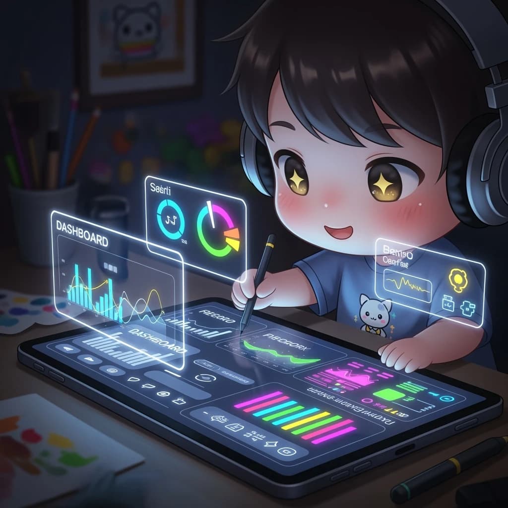 A chibi artist crafts a sleek mobile dashboard, neon pastel glow.