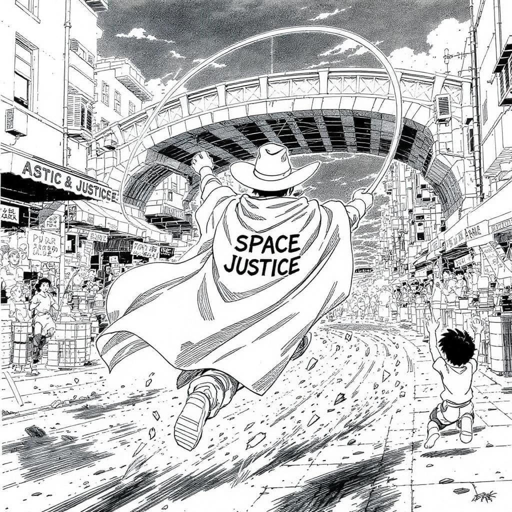 The space cowboy chases the deranged fisherman underneath the causeway, eager to collect on his bounty. Fishing rods and lines hang off the back off the fishermen as he darts between the bustling market crowd. We see the back of the space cowboy in his space poncho emblazoned with the words SPACE JUSTICE, spinning his lasso over his head. A child on the sidelines excitedly cheers the cowboy. 1990s hand drawn anime style with strong fluidity