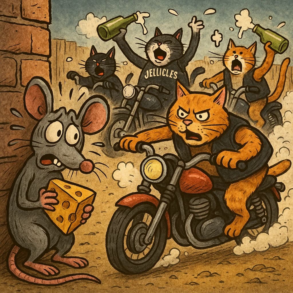 The cartoon rat clenches his thin wedge of cheese and trembles in fear as he hides from the menacing Jellicles, the roaming cat motorcycle gang, all wearing their colors with the name on the back. The cats have all drunk far too much milk and are causing a big ruckus! One cat is close to finding the rat