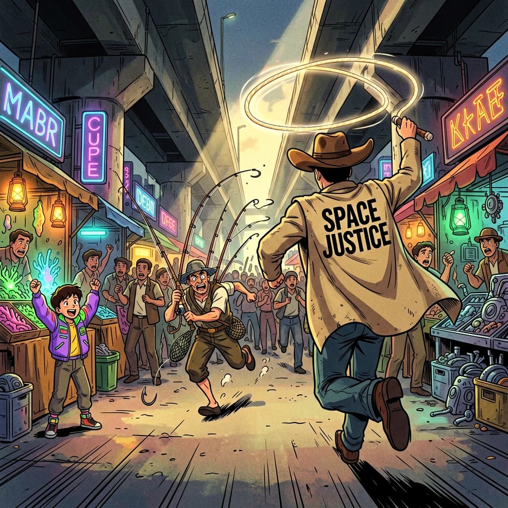 The space cowboy chases the deranged fisherman underneath the causeway, eager to collect on his bounty. Fishing rods and lines hang off the back off the fishermen as he darts between the bustling market crowd. We see the back of the space cowboy in his space poncho emblazoned with the words SPACE JUSTICE, spinning his lasso over his head. A child on the sidelines excitedly cheers the cowboy. 1990s hand drawn anime style with strong fluidity