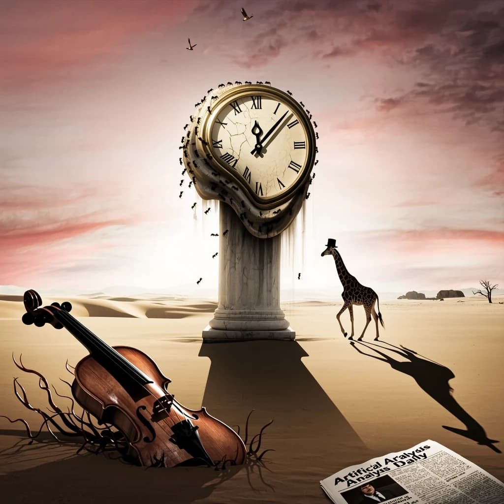 A vast desert plain stretches endlessly under a sky streaked with pale pink and ochre clouds. In the center stands a colossal clock, its face drooping and melting over the edge of a broken marble column. Ants swarm across its warped surface, glinting in the harsh sunlight. To the right, a horse with a giraffe like neck wearing a top hat strides toward the horizon, its shadow stretching miles across the sand. A cracked violin lies half-buried in the foreground, strings snapping outward like veins. Painted in the dreamlike surrealist style. A newspaper named the "Artificial Analysis Daily" lies on the Floor.