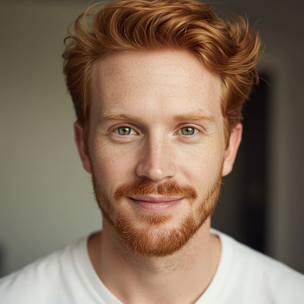 Shoot a natural light headshot of a red-haired man with freckles, green eyes.