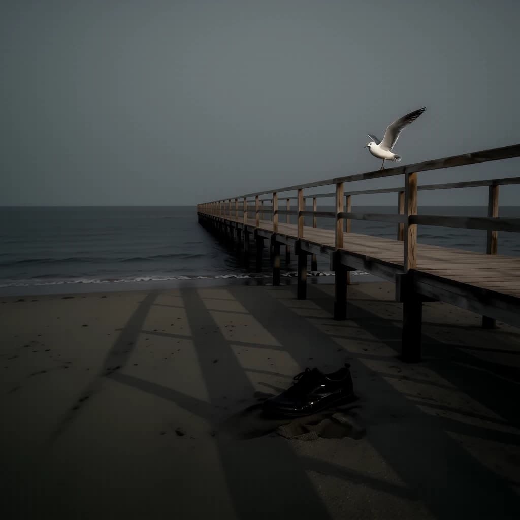 The beach is flat, sand beige, granular, no shells, except for a single left shoe, black leather, size eleven, half buried at an angle. The pier extends straight into the water, wood untreated, grain visible, though the support posts vanish before they touch the surface. The sky is uniformly gray, no clouds, yet shadows stretch at sharp diagonals. A single gull sits on the railing, wings outstretched, frozen mid-flap, no movement.
