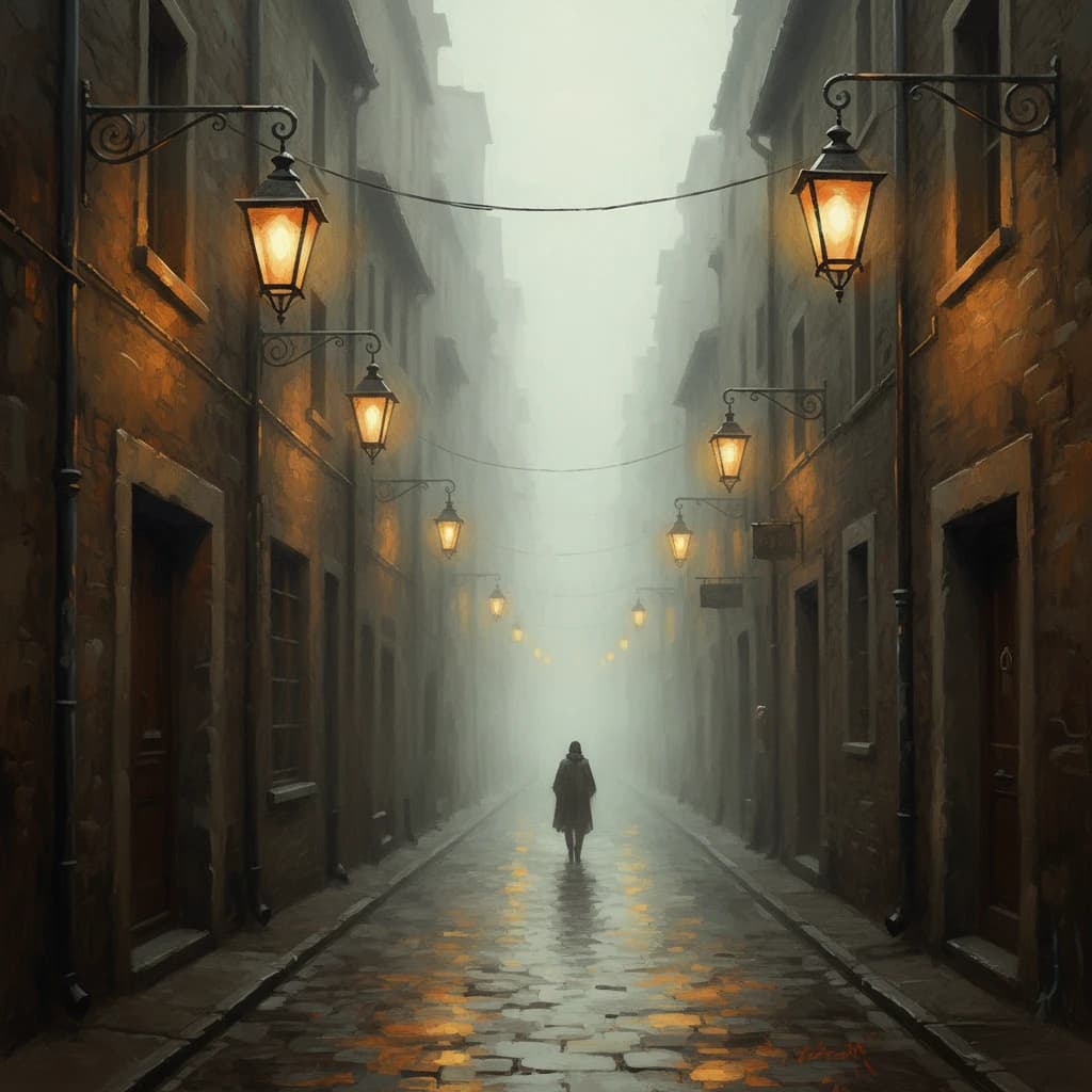 Please create an oil painting of a narrow alley, a bit foggy, glowing lanterns.