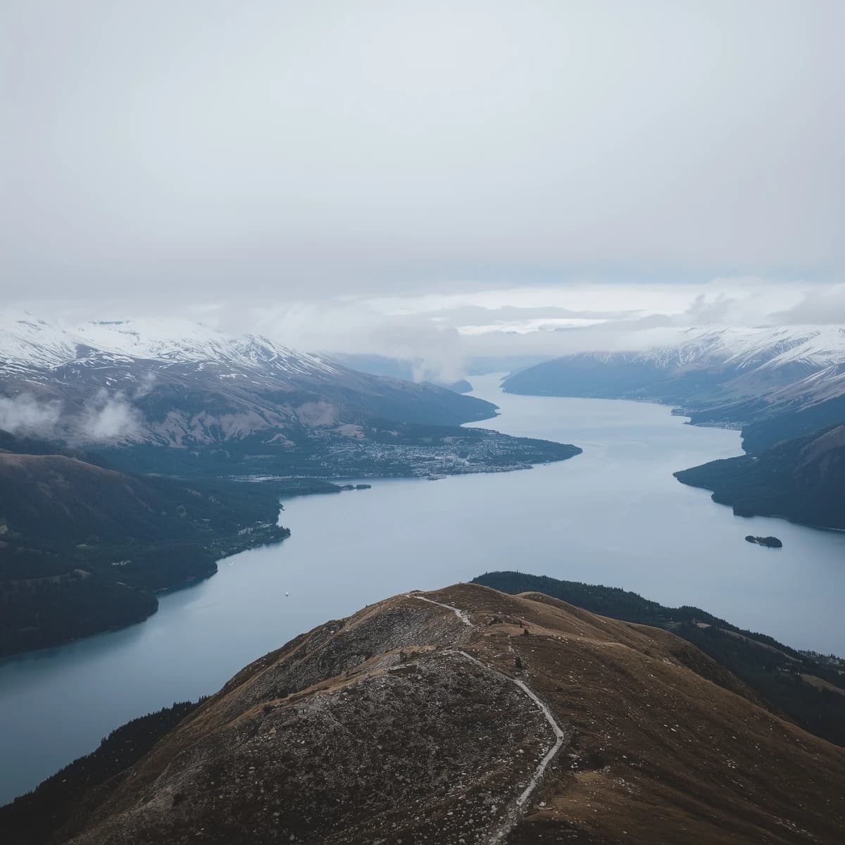 Queenstown's Lake Wakatipu, viewed from the top of Queenstown Hill after a snowstorm just dusted the top of Cecil's Peak