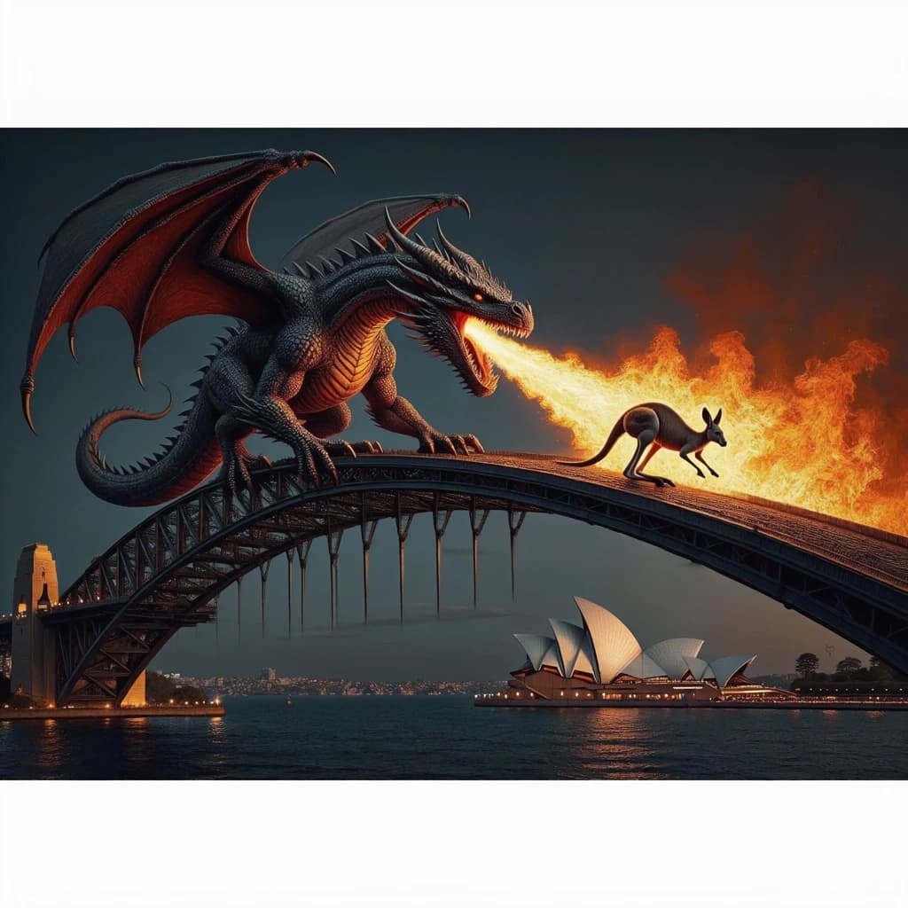 A dragon breathes fire at a kangaroo that is running away by climbing over the top of the Sydney Harbour Bridge. Opera House visible in the background.