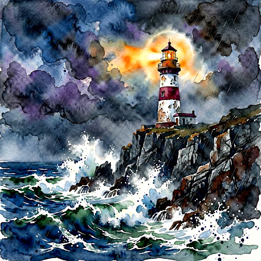 Please paint a watercolor of stormy cliffs and a lighthouse, moody sky.