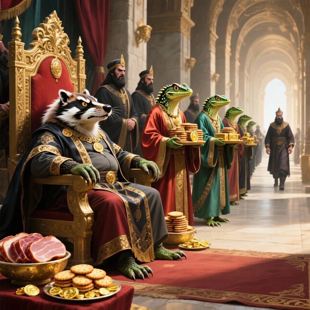 Big Weasel, the tyrannical ruler of the Levitus, slouches on his throne, his mood foul but somewhat brightened by the sight of gifts - a wearisome group of lizard traders adorned in fine silks proceed toward him through the hall with their annual tribute of biscuits, ham and gold - Big Weasel's favourites. Big Weasel's entourage looks on with stern approval.