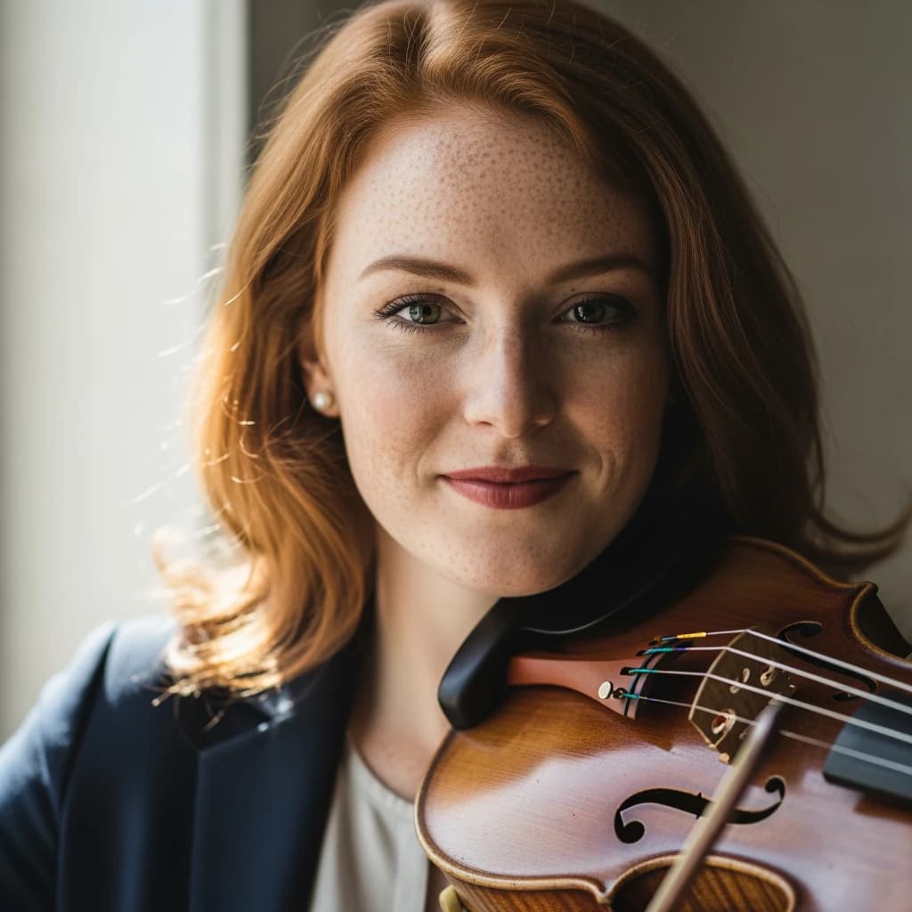 Capture a head-and-shoulders portrait of a freckled red-haired violinist in a navy blazer, soft window light, 85mm at f/1.8, gently smiling yet serious eyes, muted tones.