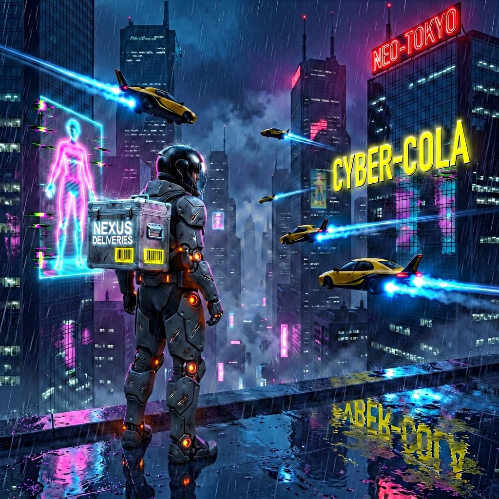 Rain-soaked neon megacity at night, flying taxis weave between glass towers, giant holograms flicker; a lone courier in a matte exosuit, somewhat cinematic wide angle.