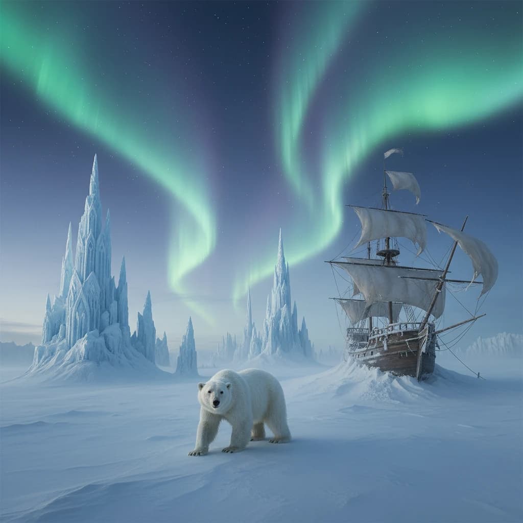 An endless tundra stretches outward, littered with jagged icebergs shaped like cathedral spires. A polar bear trudges across the foreground but leaves no tracks. Auroras ripple overhead. A half-buried shipwreck juts from the snow — sails billowing despite the still air.