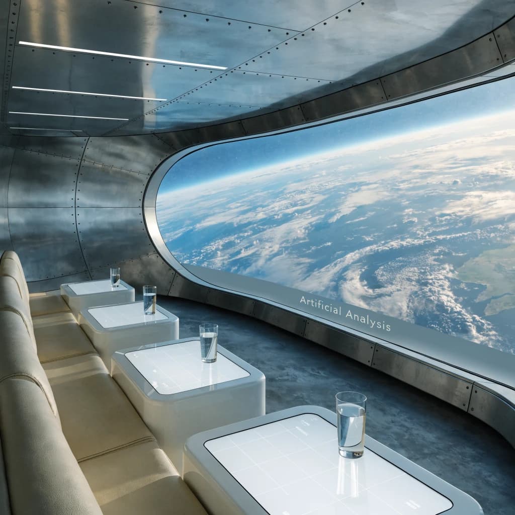The orbital lounge has brushed aluminum walls and pale leather banquettes. Low white tables are inset with glowing touchscreens. Drinks are clear, flavorless, in tall unmarked glasses. The viewport is floor-to-ceiling, showing Earth moving slowly beneath. The word Artificial Analysis is etched discreetly on the glass in a frosted band.