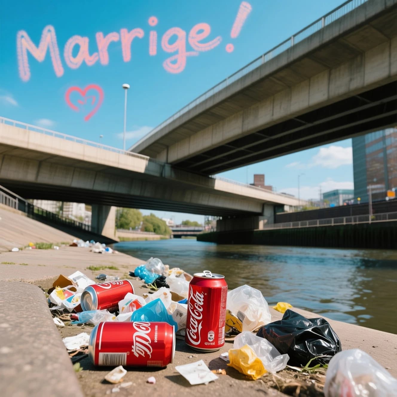 Red soda cans and other garbage sit strewn across the bank of an urban river only a few metres wide. Concrete overpasses criss cross overhead on a bright and sunny day. Fading skywriting proposes marriage