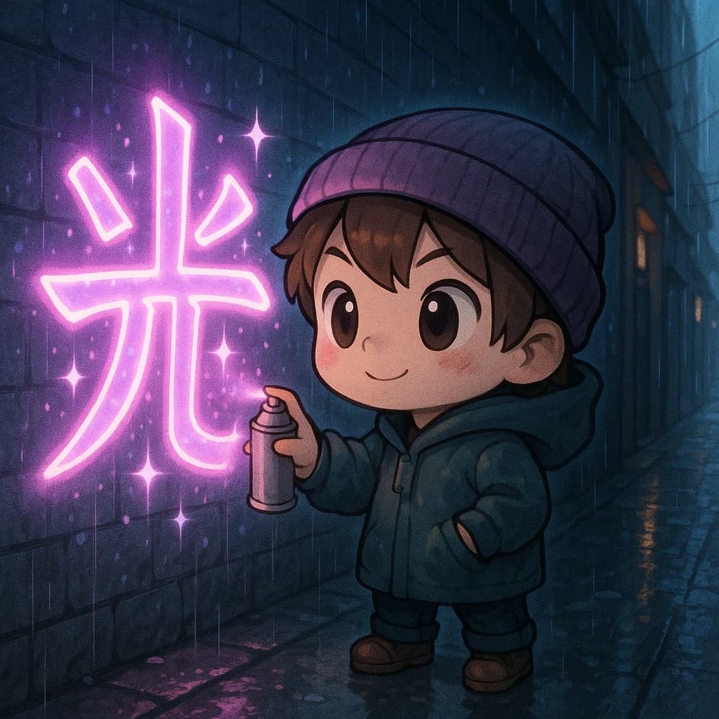 Chibi artist sprays huge neon kanji on a rainy alley wall, with sparkles.