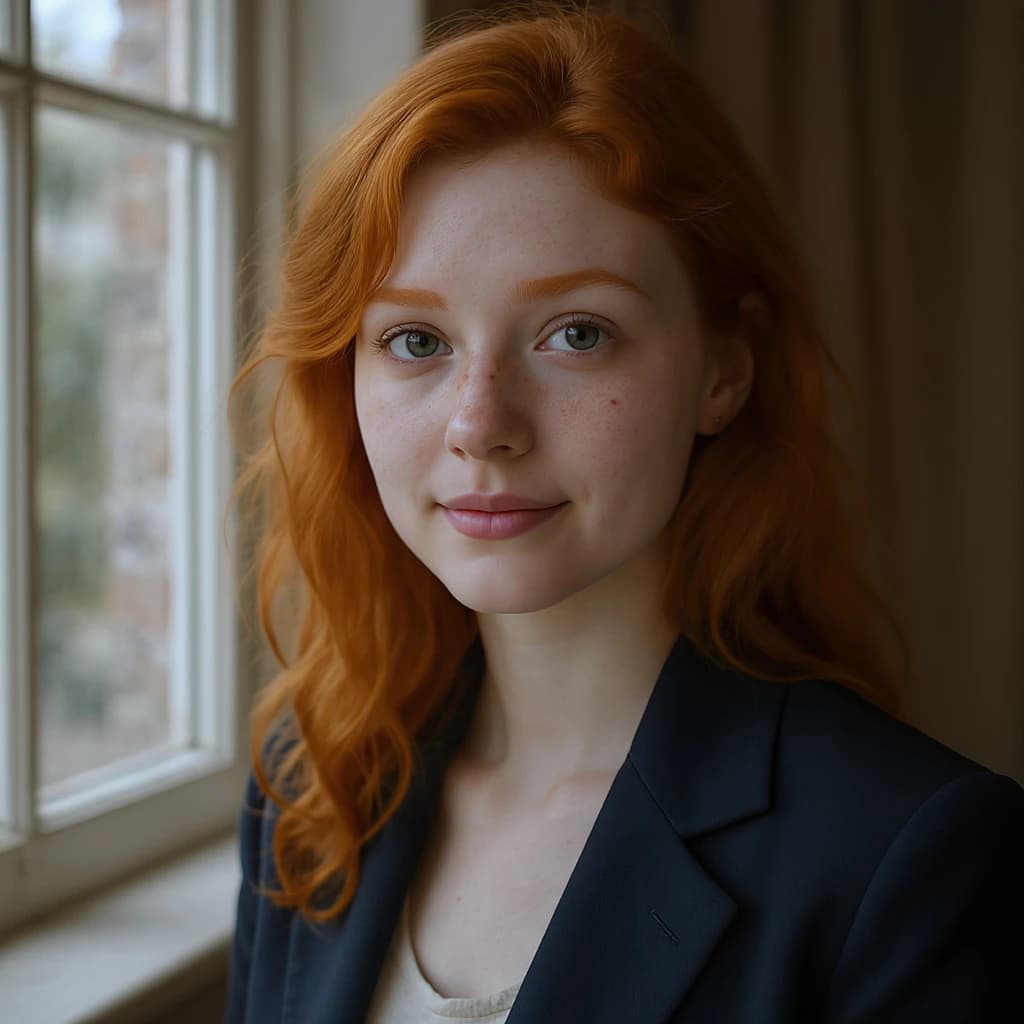 Capture a head-and-shoulders portrait of a freckled red-haired violinist in a navy blazer, soft window light, 85mm at f/1.8, gently smiling yet serious eyes, muted tones.
