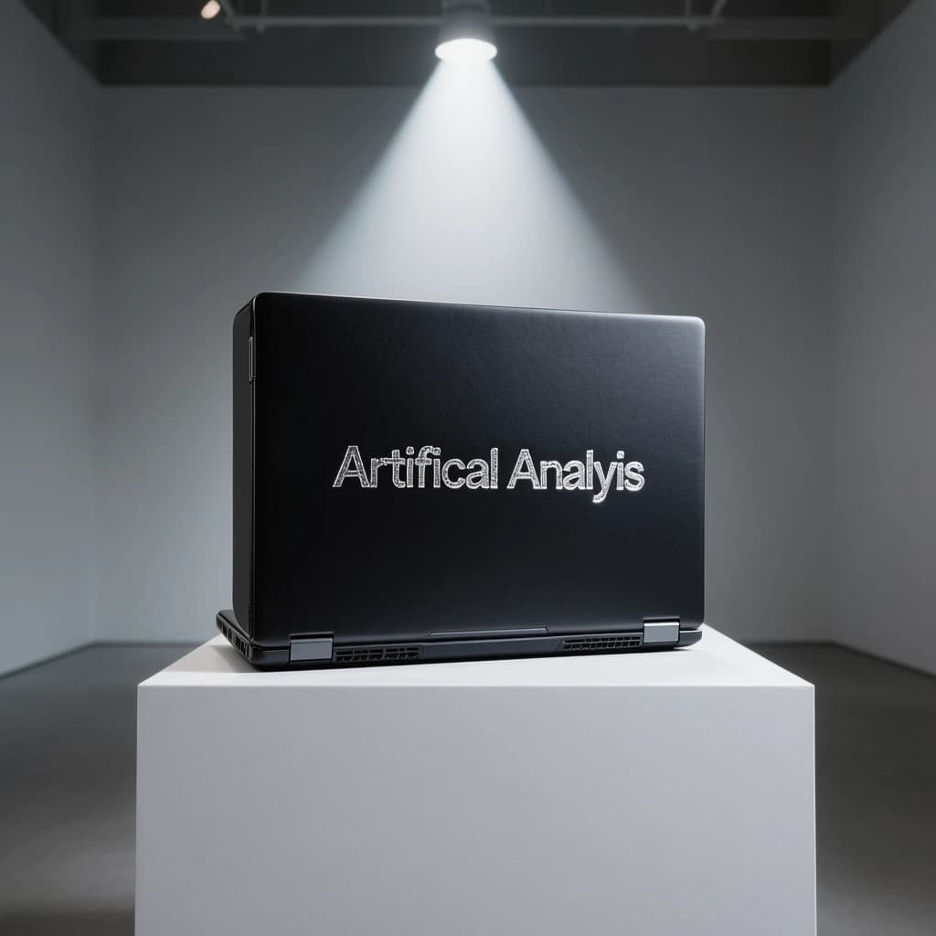A premium matte black laptop-sized box rests on a pure white pedestal within a gallery space. Overhead, a single spotlight carves sharp contrast, leaving the edges in deep shadow. The brand name Artificial Analysis is embossed in silver foil, glinting faintly as though it were jewelry.