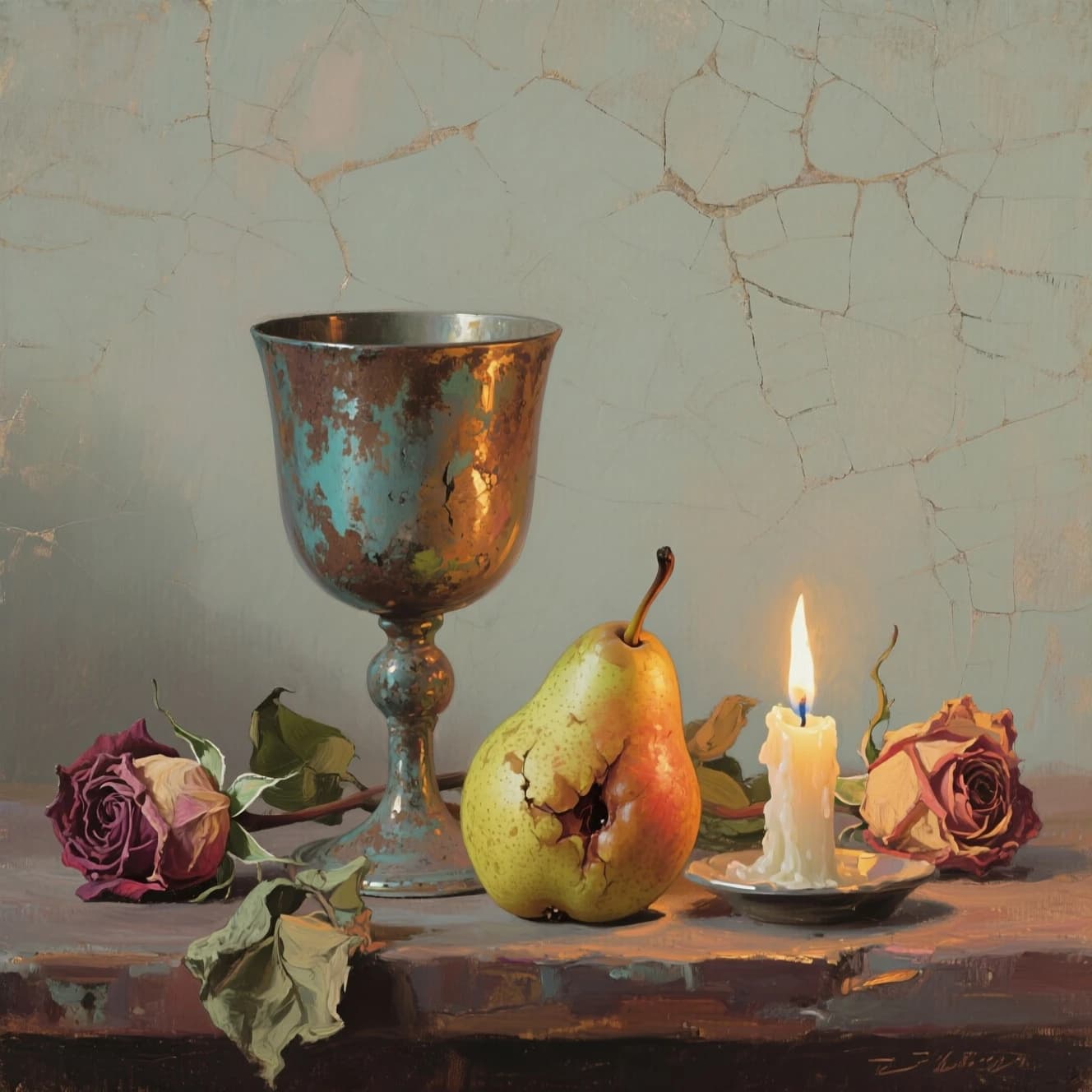 Create an oil on canvas still life with a tarnished goblet, bruised pears, and wilted roses, lit by a single candle; a bit muted palette, soft brushwork, subtle craquelure.