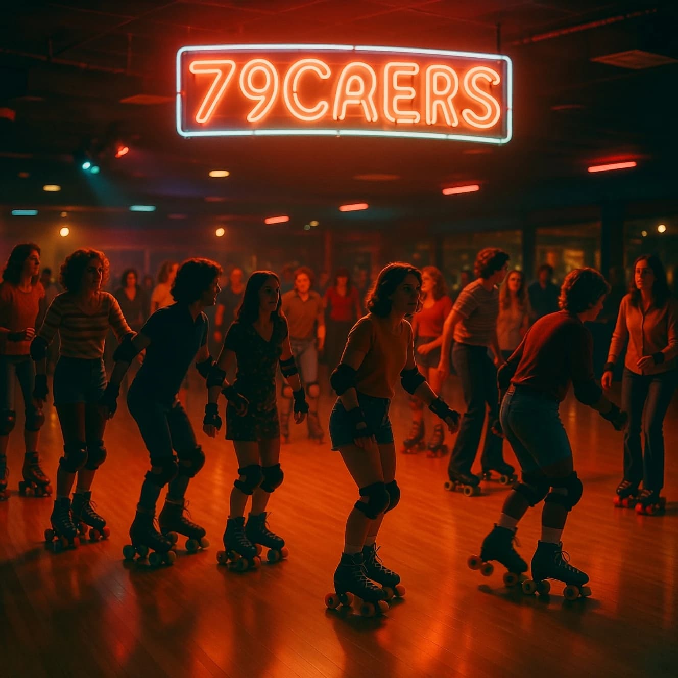 A 1970s roller rink crowd skates under neon, with a bit of fade and film grain.