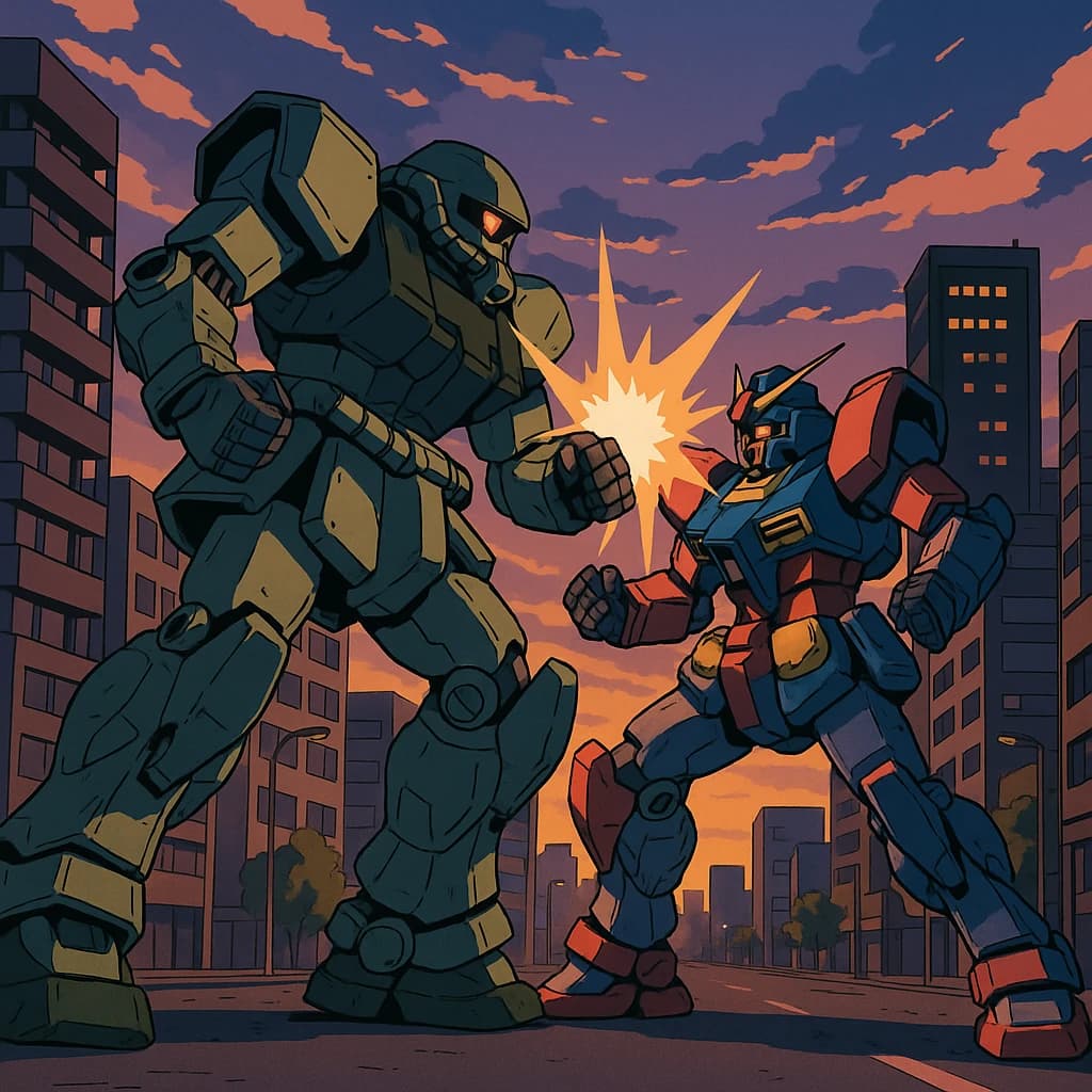 Make a cel-shaded mecha duel at dusk downtown.