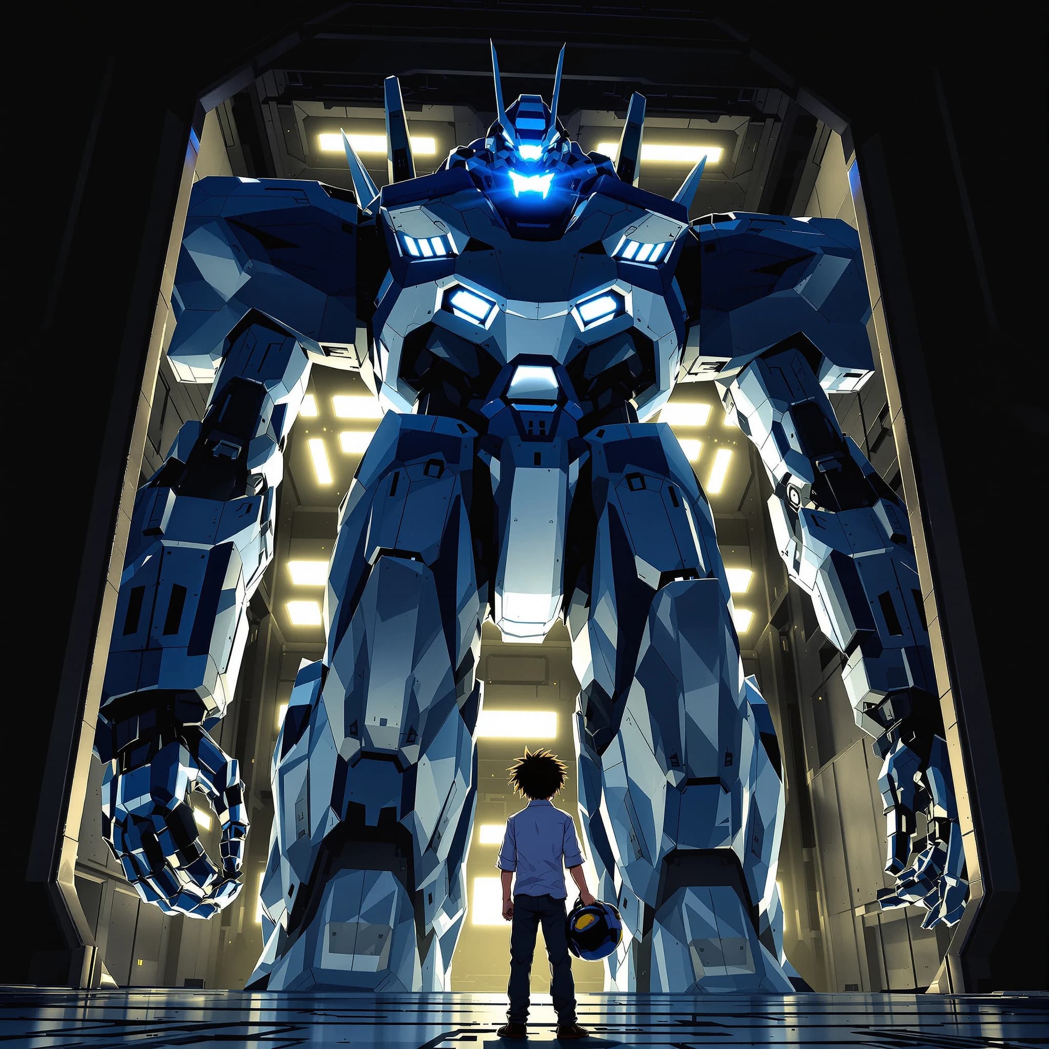 A teenage pilot grips his helmet under one arm, standing at the edge of a glowing hangar bay. Before him looms a sleek, steel-blue mech, its eyes lit with a cold electric glare. His school uniform is rumpled, a sharp contrast to the machine’s flawless plating. The vast scale engulfs him in shadow, emphasizing both awe and dread. Hand-drawn anime style.