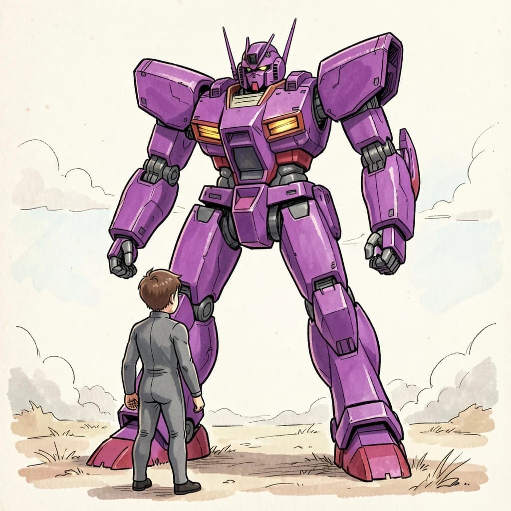Clad in his body suit up to the neck, young Masa nervously approaches the towering mech with his back facing us. He is nervous for his first time in the field. The mech's bright purple colour scheme contrasts with the grey body suit. The scale of the mech dwarfs Masa. Hand drawn style