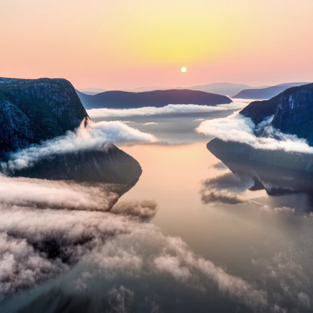 Frame a foggy fjord at sunrise, cliffs looming.