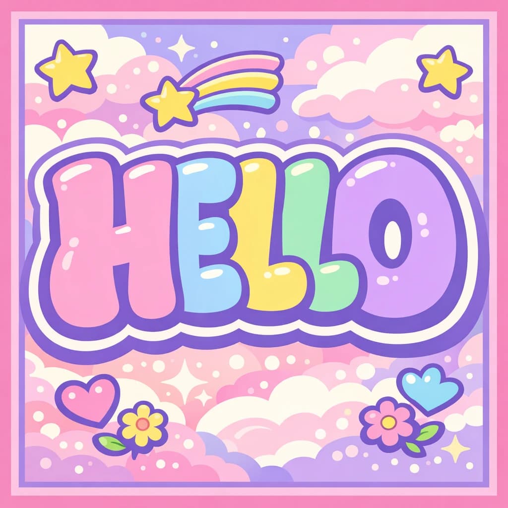 Make a bold bubble-letter poster that says HELLO, pastel palette, thick outline.